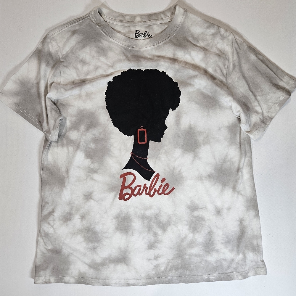 Barbie T-Shirt Womens Large Grey White Tie-Dye Afro Barbie‎ Graphic Tee